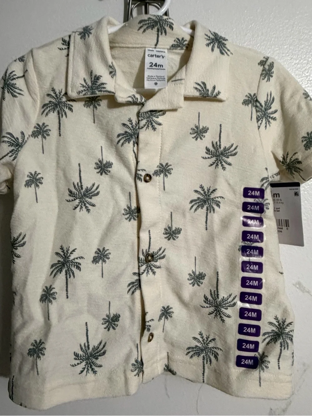 Carter's Cream w/ Palm Print 3 pc set Button-Up Shirt, shorts and one piece 24mo